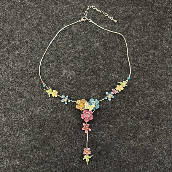 Painted Garden with Flowers & Butterflies Inlaid w/Colored Stone Drop Necklace - Picture 2 of 9